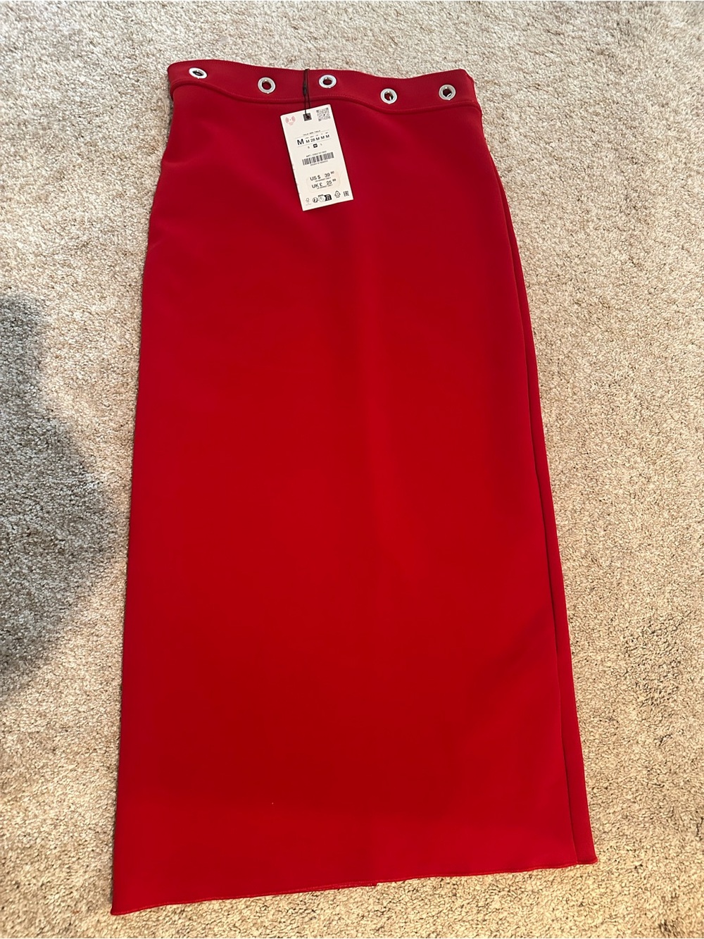 Zara Red Eyelet-Trim Pencil Skirt - Women